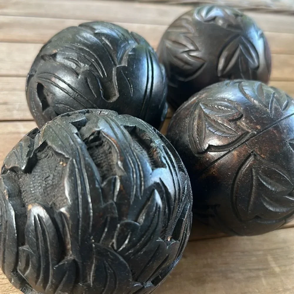 Pier 1 Wooden Hand Carved Set of 4 Decorative Balls